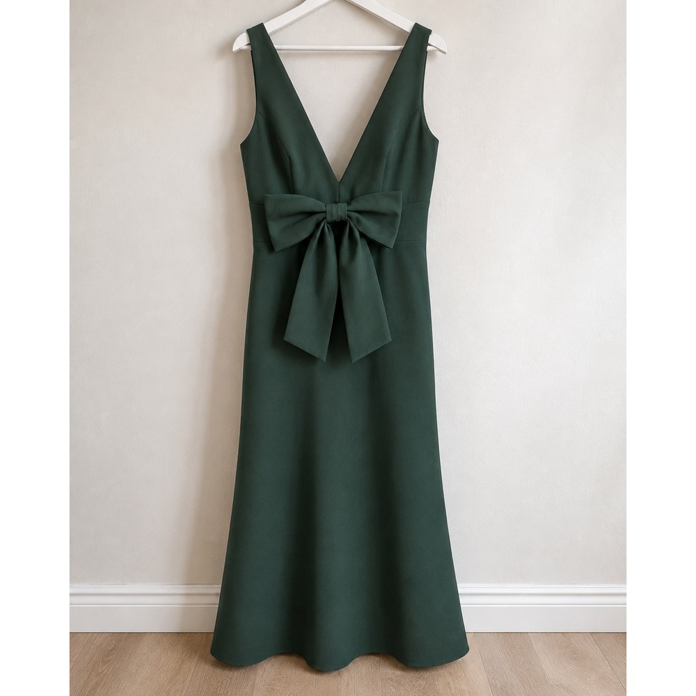 IEENA for Mac Duggal Emerald Green Bow V-Neck Formal Gown Dress Womens 12